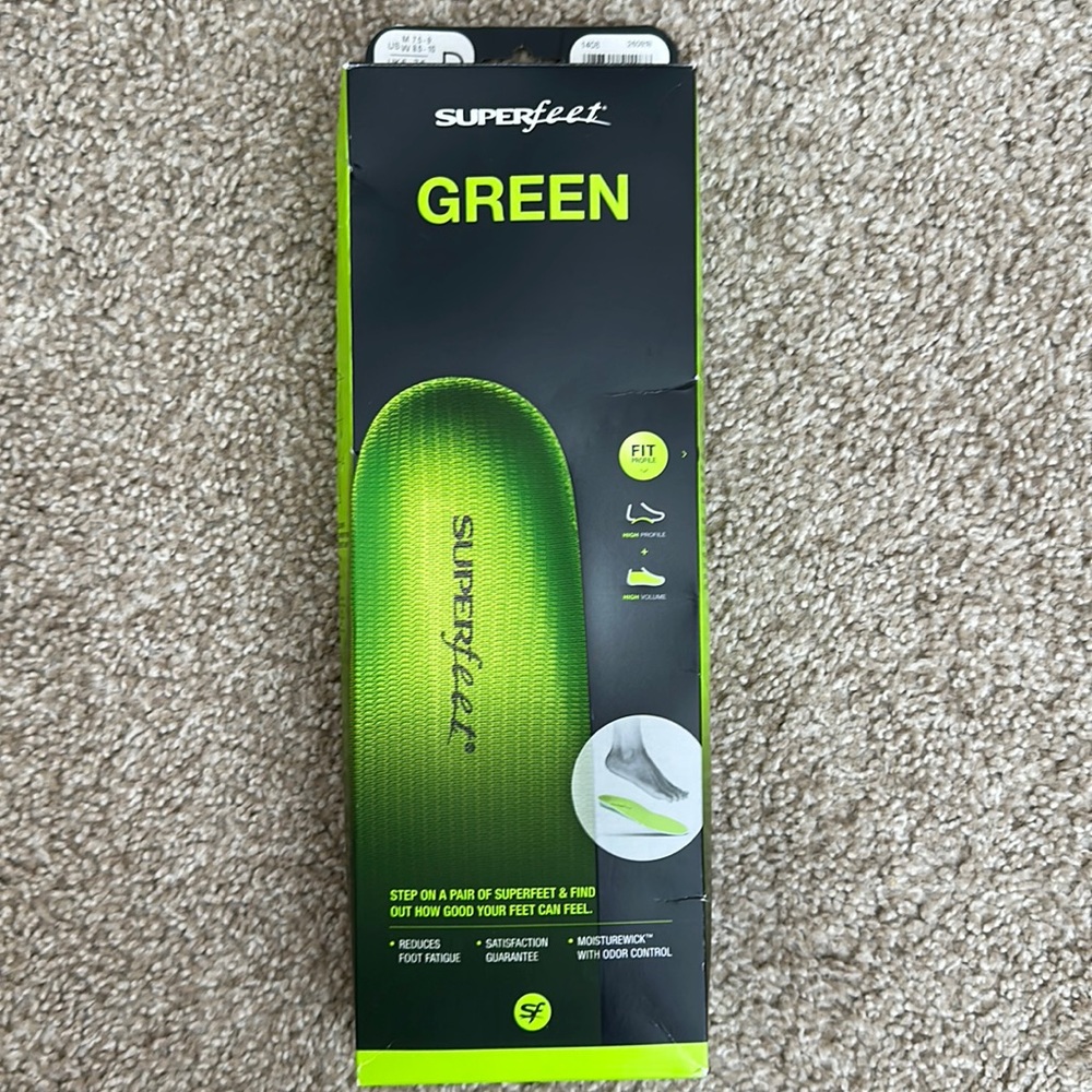 Superfeet Green D Size Mens 7.5-9, Women 8.5-10